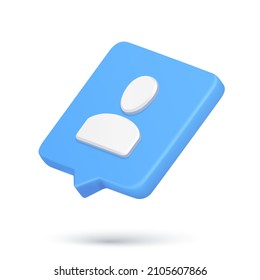 Minimalist Human User 3d Icon Quick Tips Cyberspace Notification Chat Support Staff Manager Contacts Vector Illustration. Realistic Player Person Social Networks Member Internet Alert Speech Bubble