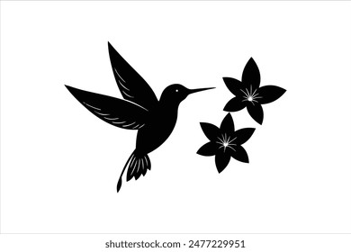 a minimalist Hummingbird Hovering Near Flowers silhouette black vector art illustration