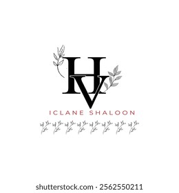 Minimalist HV Monogram with Botanical Illustration.Elegan Initial VH Logo with Floral Element. Wedding logos, hand drawn elegant, delicate and minimalist,black and white vintage logo for beauty shop.