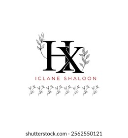 Minimalist HX Monogram with Botanical Illustration.Elegan Initial XH Logo with Floral Element. Wedding logos, hand drawn elegant, delicate and minimalist,black and white vintage logo for beauty shop.