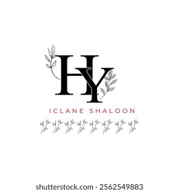 Minimalist HY Monogram with Botanical Illustration.Elegan Initial YH Logo with Floral Element. Wedding logos, hand drawn elegant, delicate and minimalist,black and white vintage logo for beauty shop.