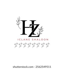 Minimalist HZ Monogram with Botanical Illustration.Elegan Initial ZH Logo with Floral Element. Wedding logos, hand drawn elegant, delicate and minimalist,black and white vintage logo for beauty shop.