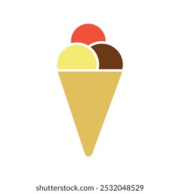 Minimalist ice cream cone illustration featuring three scoops of different flavors in a waffle cone. Perfect for use in food-related designs, summer promotions, and dessert-themed graphics.