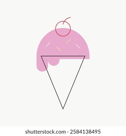 Minimalist ice cream design with a pink scoop, cherry, and cone. Ice cream art, simple lines, and pink scoop create a playful, modern ice cream illustration. Vector isolated on white.