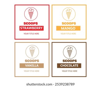 "Minimalist ice cream flavor icons in red, yellow, brown, and beige. Includes strawberry, mango, vanilla, and chocolate scoops. Perfect for branding or menu designs."