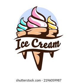 Minimalist ice cream logo template in the waffle cone. Ice cream vector icon. Hand drawn style illustration for sticker and t shirt design. 