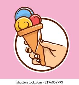 Minimalist ice cream logo template in the waffle cone. Ice cream vector icon. Hand drawn style illustration for sticker and t shirt design. 