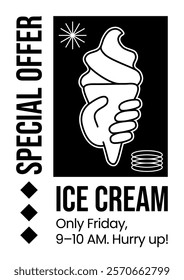 Minimalist Ice Cream Poster Design with Bold Black and White Contrast and Retro-Inspired Typography