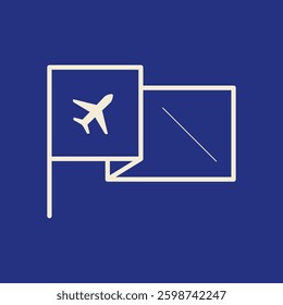 Minimalist icon of an airplane and chat bubble on a blue background. Airplane and chat bubble design, symbolizing travel and communication. Minimal shape vector.
