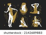 Minimalist icon artwork esoteric antique lady with harp flower blossom half moon and stars golden and black set. Simple logo antique feminine with botanical frame decorated by design elements