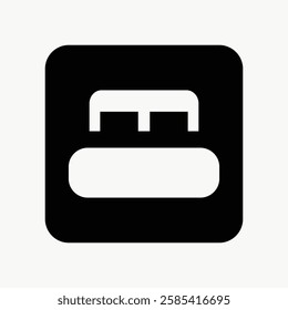 Minimalist icon of a bed in a square. Simple bed symbol in black and white. Represents sleep, rest, and accommodation. Basic bed design for apps or signs. User interface icon vector.