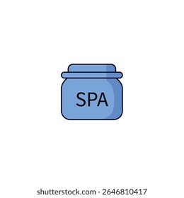 A minimalist icon of a blue jar labeled "SPA," representing beauty products, wellness, relaxation, self-care, and cosmetic treatments.