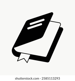 Minimalist icon of a book with a bookmark. Simple book design, black and white. Book icon for reading, literature, and education themes. Vector isolated on white.