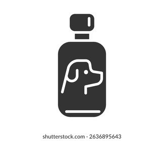 Minimalist icon of a bottle with a dog outline. Ideal for pet care, grooming products, or veterinary services. Simple, modern design conveys animal health and wellness.