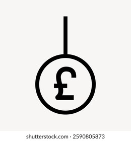 Minimalist icon of a British pound symbol inside a circle, hanging from a line. Simple pound sign design, emphasizing currency and finance themes. Vector illustration.