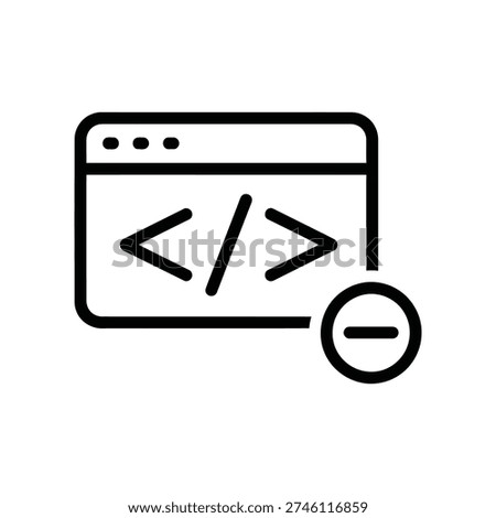 Minimalist icon of a browser window with code symbol and minus sign, ideal for web development and coding concepts.