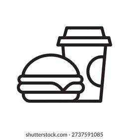 Minimalist icon of a burger and coffee cup isolated on white background emphasizing fast food and beverage combination with clean modern line art design
