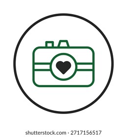 A minimalist icon of a camera integrated with a heart symbolizing the passion for photography and capturing loving moments. The design evokes sentiments of affection care and emotional connection