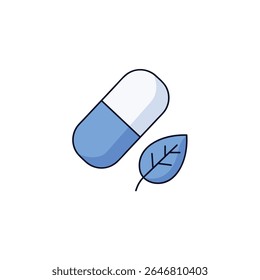 Eine minimalistische Ikone einer Kapsel und eines Blattes, die pflanzliche Medizin und natürliche Heilmittel darstellt.