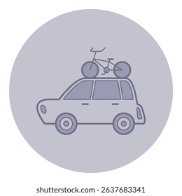 Minimalist icon of car with bicycle secured on top. Vehicle and bike concept