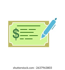 Minimalist icon of a check with dollar symbol and pen, financial transaction, payment, or banking, ideal for topics related to finance, business, banking, or accounting