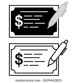 Minimalist icon of a check with dollar symbol and pen, financial transaction, payment, or banking, ideal for topics related to finance, business, banking, or accounting