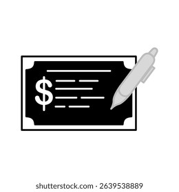 Minimalist icon of a check with dollar symbol and pen, financial transaction, payment, or banking, ideal for topics related to finance, business, banking, or accounting