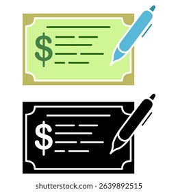Minimalist icon of a check with dollar symbol and pen, financial transaction, payment, or banking, ideal for topics related to finance, business, banking, or accounting