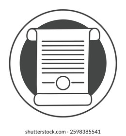 Minimalist icon, circular design, scroll document, official seal, black and white, simplified lines, flat graphic, legal contract, certificate emblem, monochrome illustration, clean geometry