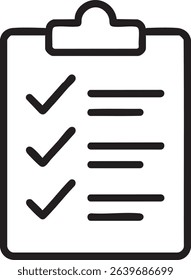A minimalist icon of a clipboard with three checkmarks and lines, indicating a completed checklist or task list.