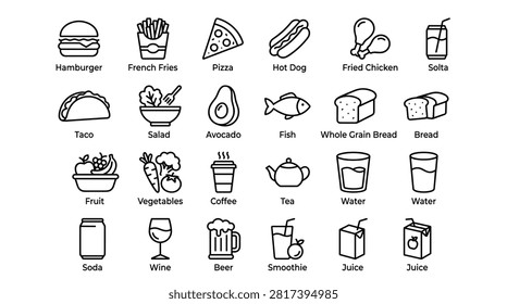 Minimalist icon collection featuring hamburger, fries, pizza, hot dog, chicken, and drinks. Includes fruits, vegetables, bread, coffee, tea, water, juice, and alcoholic beverages.