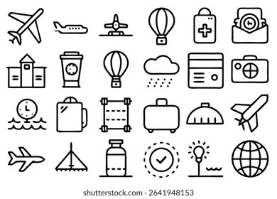 Minimalist icon collection illustrating travel adventure vacation tourism exploration global journey and worldwide transportation