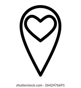 A minimalist icon combining a location pin with a heart symbol inside. This vector-style design represents the concept of favorite places, romantic destinations, or meaningful locations.