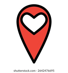 A minimalist icon combining a location pin with a heart symbol inside. This vector-style design represents the concept of favorite places, romantic destinations, or meaningful locations.