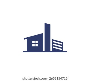 Minimalist icon combining residential and commercial buildings in a single structure. Represents real estate development, mixed-use properties, and modern architecture. Ideal for logos, branding, and 
