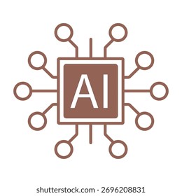Ein minimalistisches Symbol eines Computerchips mit den Buchstaben "AI", umgeben von Verbindungspunkten. Ideal für die Darstellung von künstlicher Intelligenz, maschinellem Lernen und fortschrittlicher Technologie.
