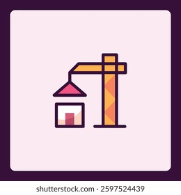 Minimalist Icon of Construction Crane Assembling a House on a Pastel Backdrop