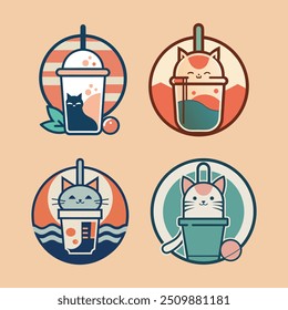 Un icono minimalista taza de té de burbuja y un gato