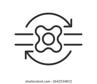 Minimalist icon of a cyclical process with arrows and a center object. Concept of flow, exchange, or renewable resources. Ideal for design, technology, or environmental themes.