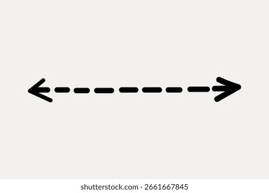 Ícone minimalista de uma linha tracejada com setas. A linha tracejada indica a direção. Setas em cada extremidade. Design simples de linha tracejada. Setas pretas em uma linha tracejada. Projetar vetor de elemento.