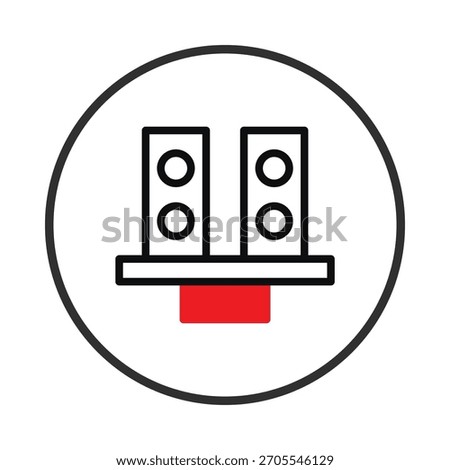 A minimalist icon depicting an audio system, featuring two speaker units and a central amplification unit. The design employs a clean outline style with black lines and a red accent, set against a