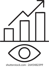 A minimalist icon depicting a bar graph with an upward trending arrow, positioned above an eye symbol, representing data analysis and insights.