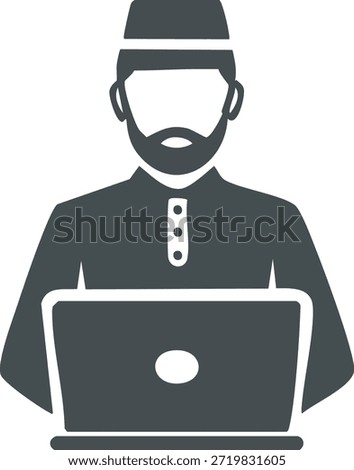 A minimalist icon depicting a bearded man wearing a cap and traditional attire, working on a laptop, representing digital engagement.