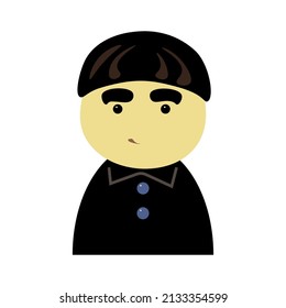 Minimalist icon depicting a black-haired boy in a dark shirt with blue buttons