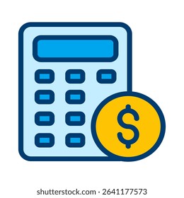 A minimalist icon depicting a calculator and a dollar coin, representing financial management, accounting, and budgeting. The image is suitable for financial institutions, services, or applications.