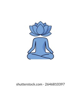 A minimalist icon depicting a figure meditating in a lotus position with a lotus flower above the head, symbolizing peace, spirituality, yoga, and relaxation.