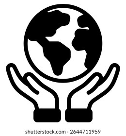 Minimalist icon depicting hands supporting the Earth, suitable for environmental, sustainability, or conservation themes.