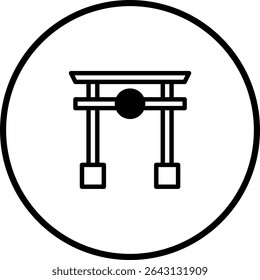 A minimalist icon depicting a Japanese Torii gate within a circle, representing Japanese culture, architecture, and travel destinations. Perfect for travel design and cultural symbolism.