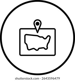 A minimalist icon depicting a map of the USA with a location pin, enclosed within a circle, perfect for travel and navigation designs.