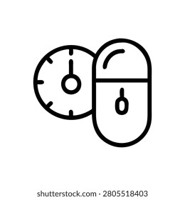 A minimalist icon depicting a pill adjacent to timepiece symbolizing medication adherence and timely health management. Essential for healthcare marketing.